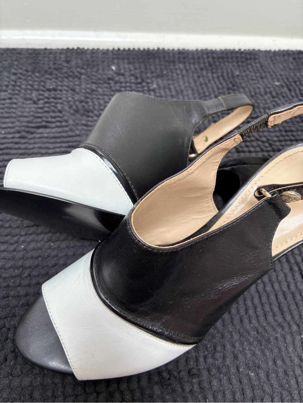 Anne Klein Black and White Peep-Toe Slingback Block Heels - Picture 5 of 7